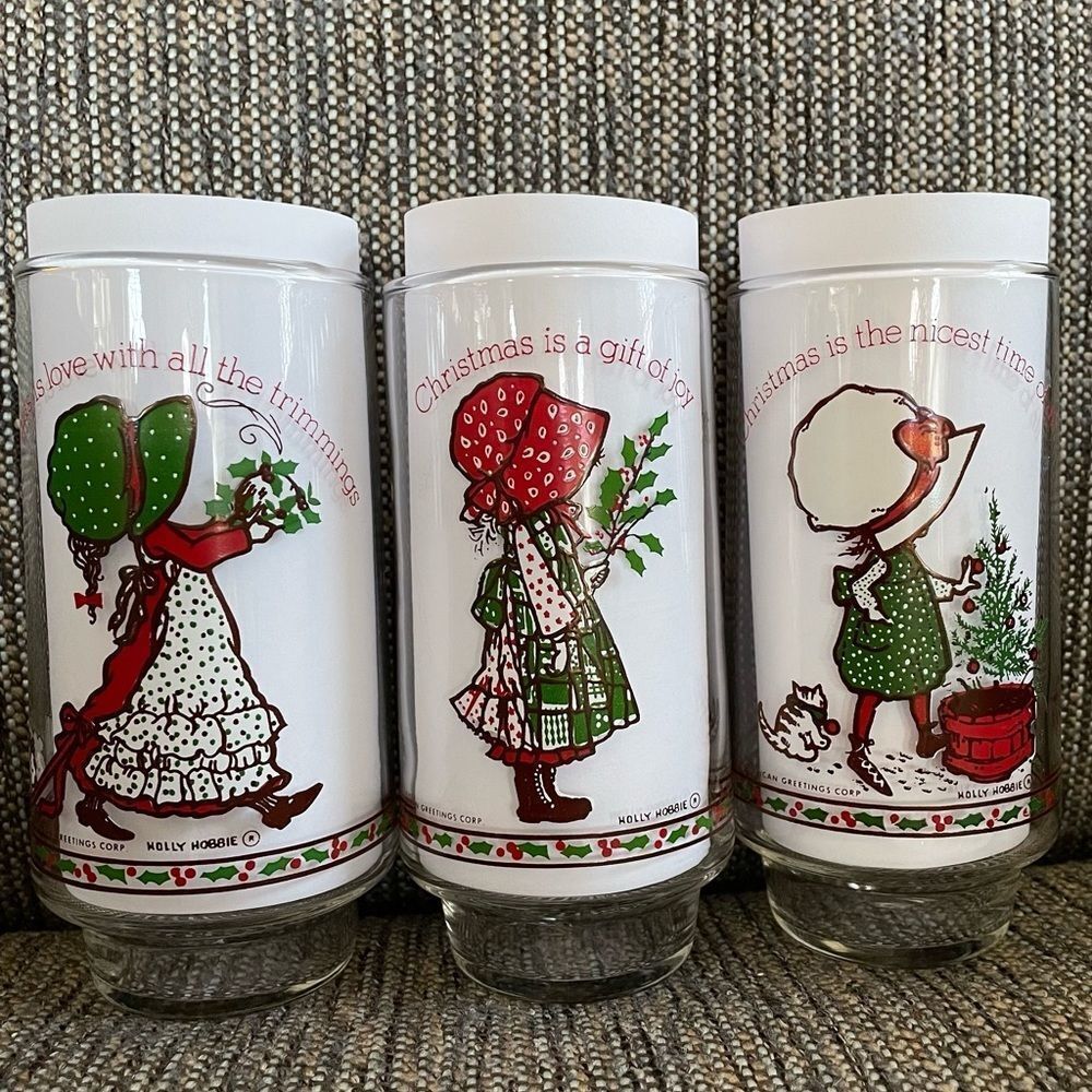 3 Vintage 80s Holly Hobbie Drinking Glasses Christmas Holidays